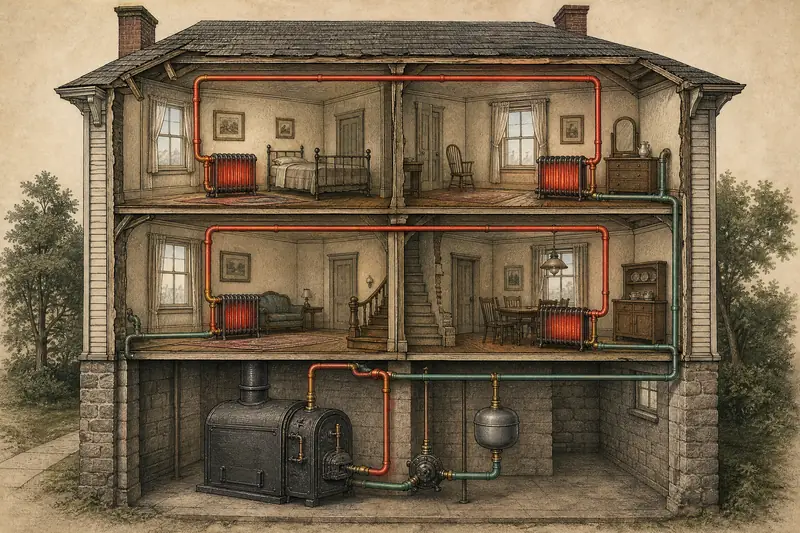 Cutaway drawing of a two-floor house where red supply pipes and green return pipes join four radiators to a basement boiler, its pump and an expansion tank