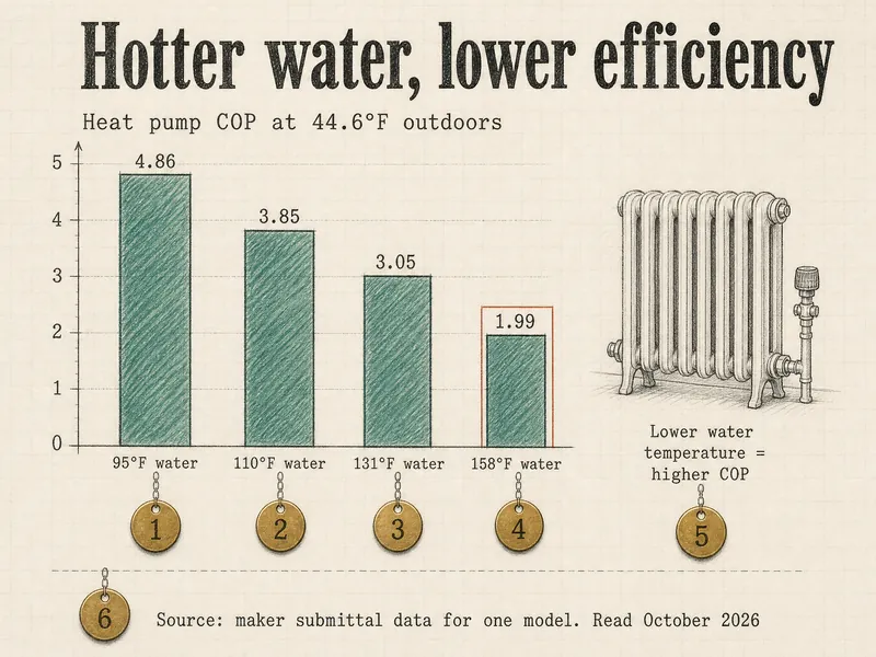 Pattern-shop drawing titled Hotter water, lower efficiency, subtitle Heat pump COP at 44.6°F outdoors: four verdigris bars read 4.86 at 95°F water, 3.85 at 110°F water, 3.05 at 131°F water and 1.99 at 158°F water, a radiator sketch noting lower water temperature = higher COP. Source: maker submittal data for one model, read October 2026