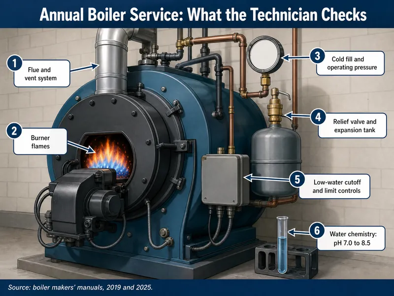 Infographic titled Annual Boiler Service: What the Technician Checks, with six numbered labels: 1, flue and vent system; 2, burner flames; 3, cold fill and operating pressure; 4, relief valve and expansion tank; 5, low-water cutoff and limit controls; 6, water chemistry: pH 7.0 to 8.5. Source: boiler makers' manuals, 2019 and 2025.