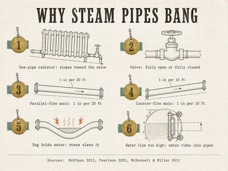 Graphite drawing on limewash paper titled Why steam pipes bang, six numbered tags: 1 One-pipe radiator: slopes toward the valve; 2 Valve: fully open or fully closed; 3 Parallel-flow main: 1 in per 20 ft; 4 Counter-flow main: 1 in per 10 ft; 5 Sag holds water: steam slams it; 6 Water line too high: water rides into pipes. Sources: Hoffman 2013, Peerless 2025, McDonnell & Miller 2011.