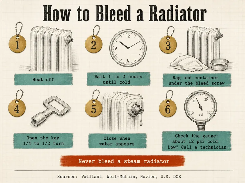 Pattern-shop drawing titled How to Bleed a Radiator with six numbered brass tags: 1 heat off; 2 wait 1 to 2 hours until cold; 3 rag and container under the bleed screw; 4 open the key 1/4 to 1/2 turn; 5 close when water appears; 6 check the gauge, about 12 psi cold, low means call a technician; a warning band reads never bleed a steam radiator; drawings of a radiator, a wall clock, a rag and bowl, a square key, a dripping bleed screw and a gauge dial; source line Vaillant, Weil-McLain, Navien, U.S. DOE