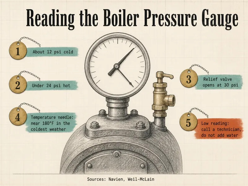 Pattern-shop drawing titled Reading the Boiler Pressure Gauge, showing a two-needle dial with five numbered brass tags: 1 about 12 psi cold; 2 under 24 psi hot; 3 relief valve opens at 30 psi; 4 temperature needle, near 180°F in the coldest weather; 5 low reading, call a technician, do not add water; source line Navien, Weil-McLain