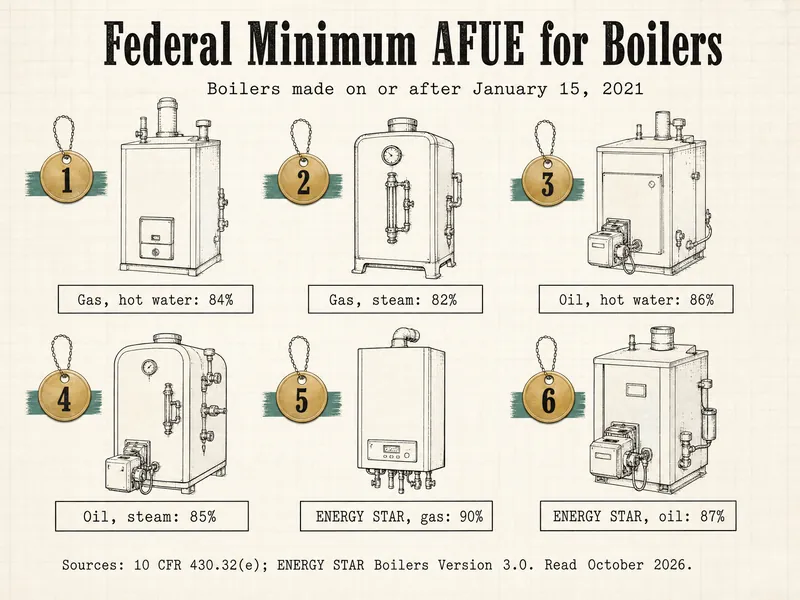 Infographic titled Federal Minimum AFUE for Boilers, boilers made on or after January 15, 2021, with six numbered brass tags: 1, gas, hot water: 84%; 2, gas, steam: 82%; 3, oil, hot water: 86%; 4, oil, steam: 85%; 5, ENERGY STAR, gas: 90%; 6, ENERGY STAR, oil: 87%. Sources: 10 CFR 430.32(e); ENERGY STAR Boilers Version 3.0, read October 2026.