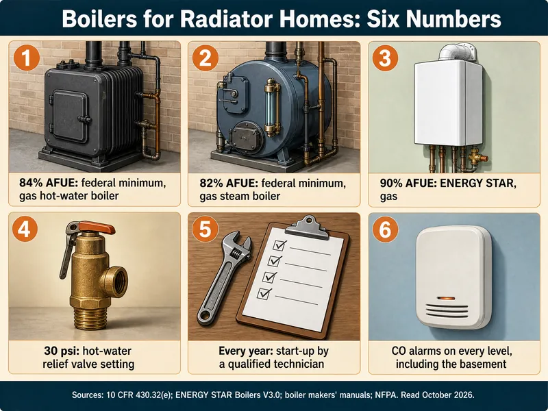 Infographic titled Boilers for Radiator Homes: Six Numbers, with six numbered labels: 1, 84% AFUE: federal minimum, gas hot-water boiler; 2, 82% AFUE: federal minimum, gas steam boiler; 3, 90% AFUE: ENERGY STAR, gas; 4, 30 psi: hot-water relief valve setting; 5, every year: start-up by a qualified technician; 6, CO alarms on every level, including the basement. Sources: 10 CFR 430.32(e); ENERGY STAR Boilers V3.0; boiler makers' manuals; NFPA, read October 2026.