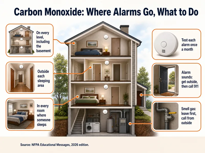 Infographic titled Carbon Monoxide: Where Alarms Go, What to Do, with six numbered labels: 1, on every level, including the basement; 2, outside each sleeping area; 3, in every room where someone sleeps; 4, test each alarm once a month; 5, alarm sounds: get outside, then call 911; 6, smell gas: leave first, call from outside. Source: NFPA Educational Messages, 2026 edition.