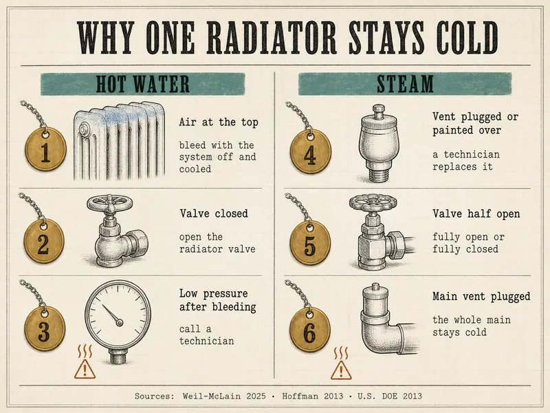Pattern-shop drawing titled Why One Radiator Stays Cold, in two columns. Hot water: 1 air at the top, bleed with the system off and cooled; 2 valve closed, open the radiator valve; 3 low pressure after bleeding, call a technician. Steam: 4 vent plugged or painted over, a technician replaces it; 5 valve half open, fully open or fully closed; 6 main vent plugged, the whole main stays cold. Sources: Weil-McLain 2025, Hoffman 2013, U.S. DOE 2013