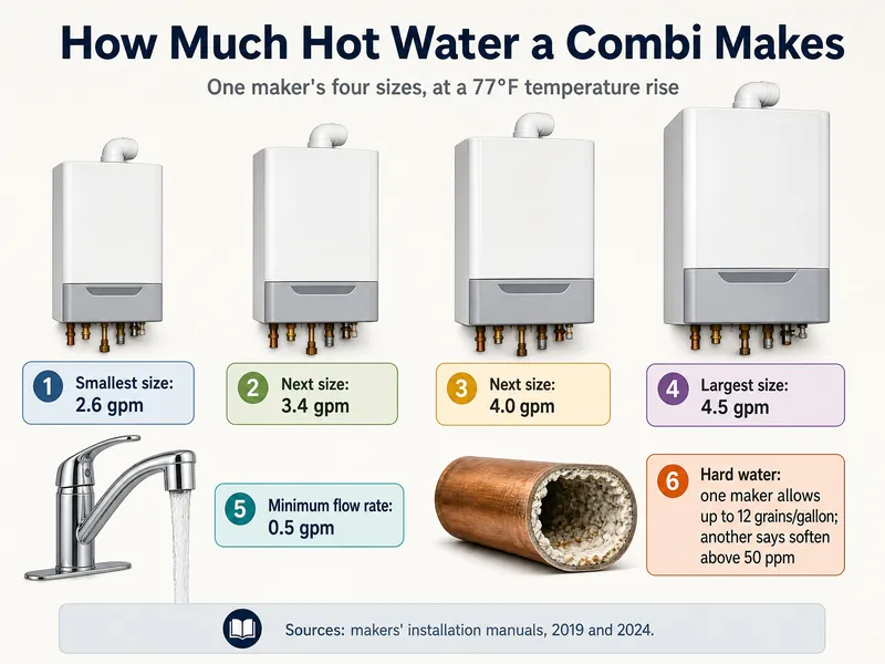 Infographic titled How Much Hot Water a Combi Makes, one maker's four sizes at a 77°F temperature rise, with six numbered labels: 1, smallest size: 2.6 gpm; 2, next size: 3.4 gpm; 3, next size: 4.0 gpm; 4, largest size: 4.5 gpm; 5, minimum flow rate: 0.5 gpm; 6, hard water: one maker allows up to 12 grains/gallon, another says soften above 50 ppm. Sources: makers' installation manuals, 2019 and 2024.