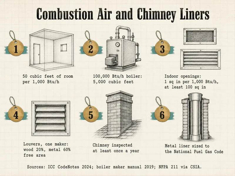 Infographic titled Combustion Air and Chimney Liners, with six numbered brass tags: 1, 50 cubic feet of room per 1,000 Btu/h; 2, 100,000 Btu/h boiler: 5,000 cubic feet; 3, indoor openings: 1 sq in per 1,000 Btu/h, at least 100 sq in; 4, louvers, one maker: wood 20%, metal 60% free area; 5, chimney inspected at least once a year; 6, metal liner sized to the National Fuel Gas Code. Sources: ICC CodeNotes 2024; boiler maker manual 2019; NFPA 211 via CSIA.