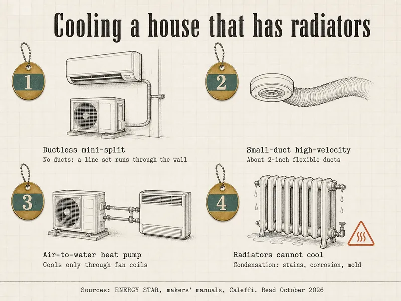 Pattern-shop drawing titled Cooling a house that has radiators, four brass-tagged items: ductless mini-split, no ducts, a line set runs through the wall; small-duct high-velocity, about 2-inch flexible ducts; air-to-water heat pump, cools only through fan coils; radiators cannot cool, condensation: stains, corrosion, mold. Sources: ENERGY STAR, makers' manuals, Caleffi, read October 2026