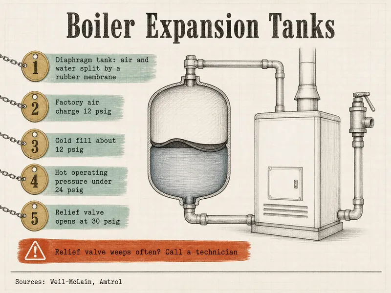 Pattern-shop drawing titled Boiler Expansion Tanks with five numbered brass tags: 1 diaphragm tank, air and water split by a rubber membrane; 2 factory air charge 12 psig; 3 cold fill about 12 psig; 4 hot operating pressure under 24 psig; 5 relief valve opens at 30 psig; a warning band reads relief valve weeps often, call a technician; drawn beside a cutaway tank piped to a boiler with a relief valve; source line Weil-McLain, Amtrol