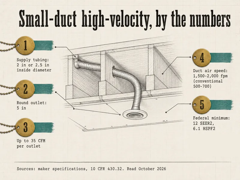 Pattern-shop drawing titled Small-duct high-velocity, by the numbers, showing a ceiling cutaway with a thin tube and round outlet and five brass tags: supply tubing 2 in or 2.5 in inside diameter; round outlet 5 in; up to 35 CFM per outlet; duct air speed 1,500-2,000 fpm (conventional 500-700); federal minimum 12 SEER2, 6.1 HSPF2. Sources: maker specifications, 10 CFR 430.32, read October 2026
