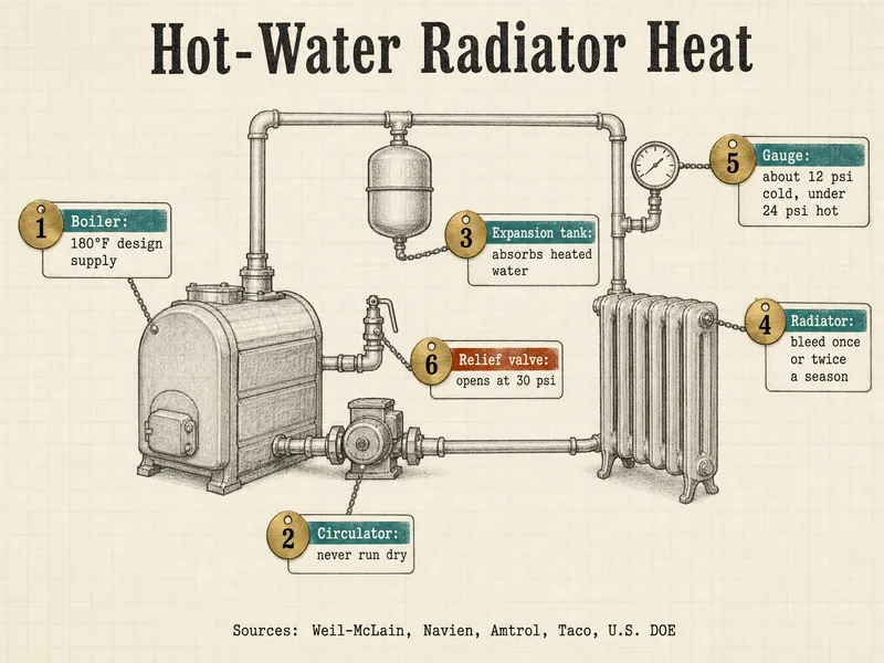 Pattern-shop drawing titled Hot-Water Radiator Heat with six numbered brass tags: 1 boiler, 180°F design supply; 2 circulator, never run dry; 3 expansion tank, absorbs heated water; 4 radiator, bleed once or twice a season; 5 gauge, about 12 psi cold and under 24 psi hot; 6 relief valve, opens at 30 psi; source line Weil-McLain, Navien, Amtrol, Taco, U.S. DOE