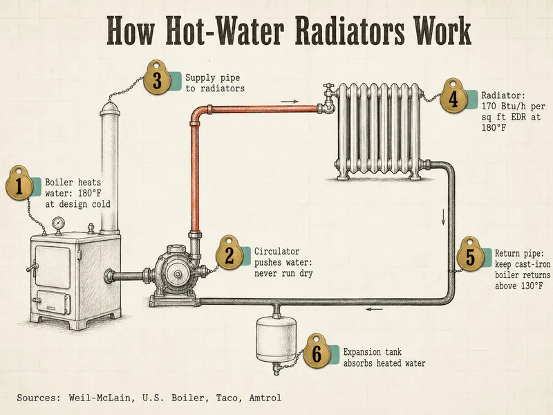 Pattern-shop drawing titled How Hot-Water Radiators Work with six numbered brass tags: 1 boiler heats water, 180°F at design cold; 2 circulator pushes water, never run dry; 3 supply pipe to radiators; 4 radiator, 170 Btu/h per sq ft EDR at 180°F; 5 return pipe, keep cast-iron boiler returns above 130°F; 6 expansion tank absorbs heated water; source line Weil-McLain, U.S. Boiler, Taco, Amtrol