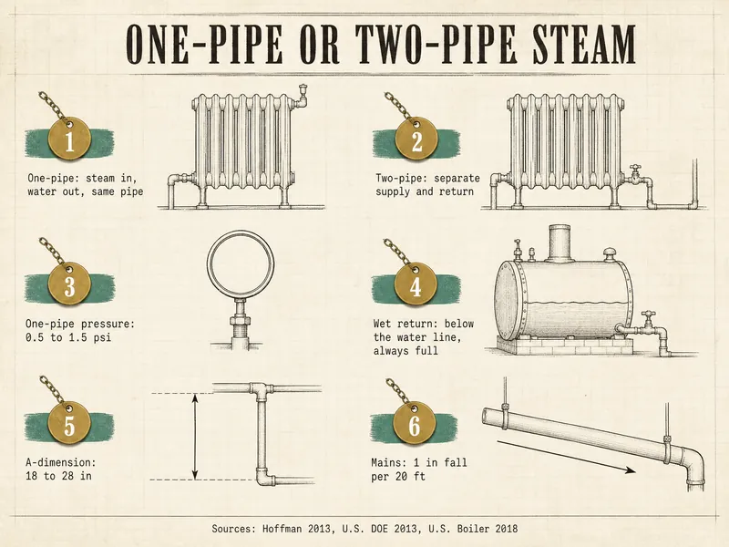 Drafting-paper chart headed One-pipe or two-pipe steam; brass tag 1 reads One-pipe: steam in, water out, same pipe; 2 Two-pipe: separate supply and return; 3 One-pipe pressure: 0.5 to 1.5 psi; 4 Wet return: below the water line, always full; 5 A-dimension: 18 to 28 in; 6 Mains: 1 in fall per 20 ft. Sources: Hoffman 2013, U.S. DOE 2013, U.S. Boiler 2018.