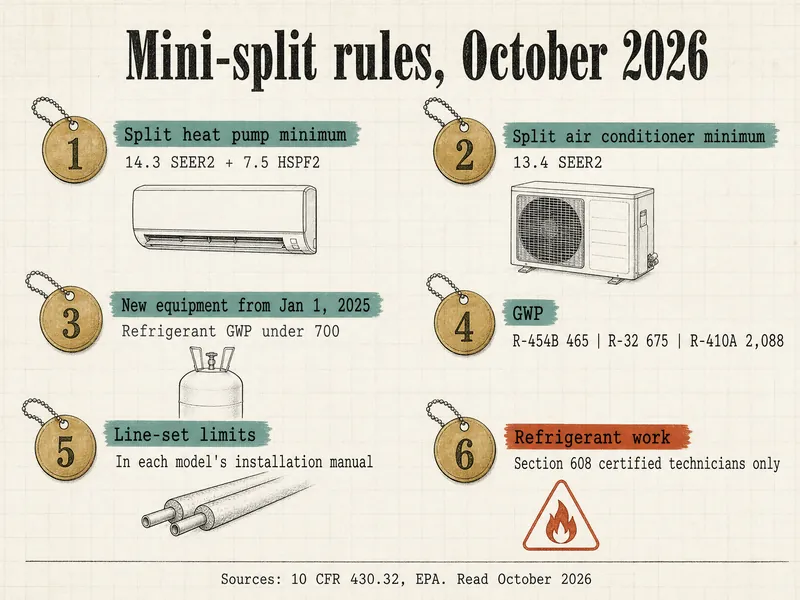 Pattern-shop drawing titled Mini-split rules, October 2026, with six brass tags: split heat pump minimum 14.3 SEER2 + 7.5 HSPF2; split air conditioner minimum 13.4 SEER2; new equipment from Jan 1, 2025, refrigerant GWP under 700; GWP R-454B 465, R-32 675, R-410A 2,088; line-set limits in each model's installation manual; refrigerant work by Section 608 certified technicians only. Sources: 10 CFR 430.32, EPA, read October 2026