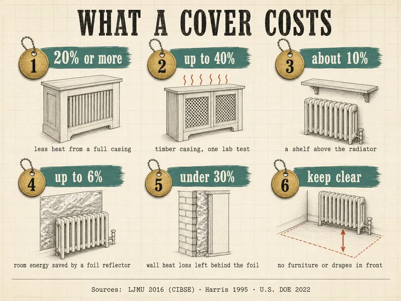 Pattern-shop drawing titled What a Cover Costs, with six numbered brass tags: 1 20% or more less heat from a full casing; 2 up to 40%, timber casing, one lab test; 3 about 10%, a shelf above the radiator; tag 4 says a foil reflector saved up to 6% of room energy; 5 under 30% wall heat loss left behind the foil; 6 keep clear, no furniture or drapes in front. Sources: LJMU 2016 (CIBSE), Harris 1995, U.S. DOE 2022