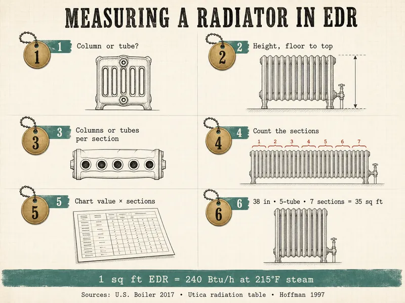 Pattern-shop drawing titled Measuring a Radiator in EDR, with six numbered brass tags: 1 column or tube; 2 height, floor to top; 3 columns or tubes per section; 4 count the sections, with seven sections bracketed and numbered 1 to 7; 5 chart value times sections; 6 38 in, 5-tube, 7 sections equals 35 sq ft. A band reads 1 sq ft EDR equals 240 Btu/h at 215°F steam. Sources: U.S. Boiler 2017, Utica radiation table, Hoffman 1997