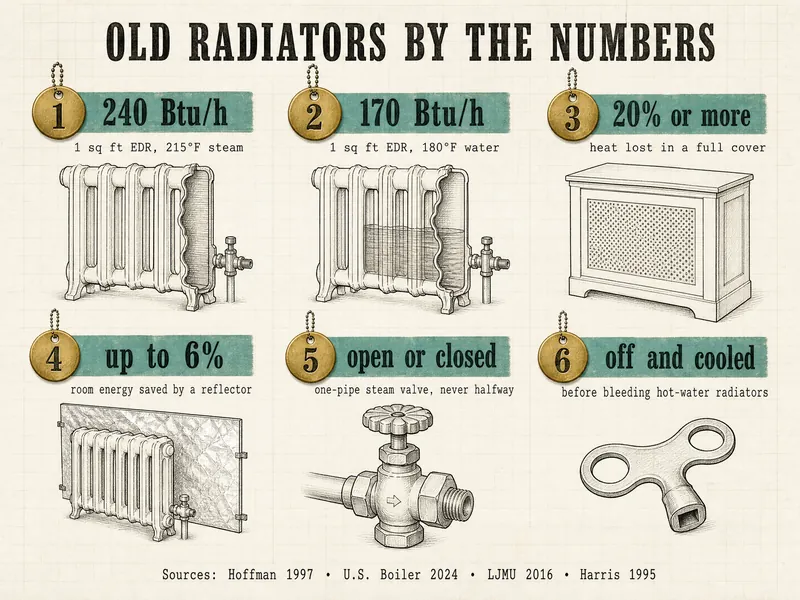 Pattern-shop drawing titled Old Radiators by the Numbers, with six numbered brass tags: 1 240 Btu/h, 1 sq ft EDR, 215°F steam; 2 170 Btu/h, 1 sq ft EDR, 180°F water; 3 20% or more heat lost in a full cover; 4 up to 6% room energy saved by a reflector; 5 open or closed, one-pipe steam valve, never halfway; 6 off and cooled, before bleeding hot-water radiators. Sources: Hoffman 1997, U.S. Boiler 2024, LJMU 2016, Harris 1995