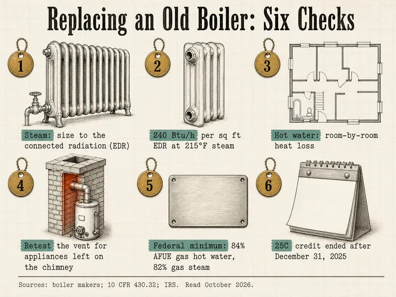 Infographic titled Replacing an Old Boiler: Six Checks, with six numbered brass tags: 1, steam: size to the connected radiation (EDR); 2, 240 Btu/h per sq ft EDR at 215°F steam; 3, hot water: room-by-room heat loss; 4, retest the vent for appliances left on the chimney; 5, federal minimum: 84% AFUE gas hot water, 82% gas steam; 6, 25C credit ended after December 31, 2025. Sources: boiler makers; 10 CFR 430.32; IRS, read October 2026.