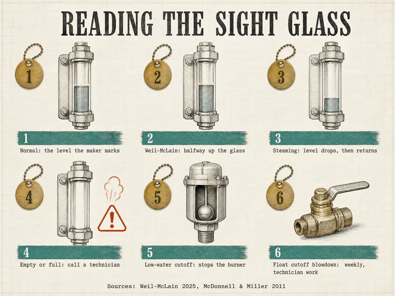 Drafting-grid chart titled Reading the sight glass, six brass tags: 1 Normal: the level the maker marks; 2 Weil-McLain: halfway up the glass; 3 Steaming: level drops, then returns; 4 Empty or full: call a technician; 5 Low-water cutoff: stops the burner; 6 Float cutoff blowdown: weekly, technician work. Sources: Weil-McLain 2025, McDonnell & Miller 2011.