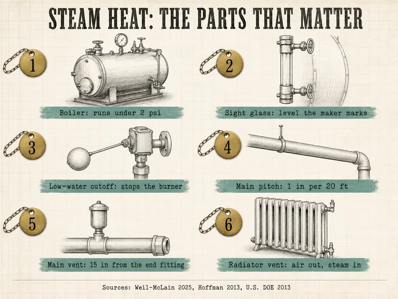 Limewash-paper drawing headed Steam heat: the parts that matter; tag 1 Boiler: runs under 2 psi; 2 Sight glass: level the maker marks; 3 Low-water cutoff: stops the burner; 4 Main pitch: 1 in per 20 ft; 5 Main vent: 15 in from the end fitting; 6 Radiator vent: air out, steam in. Sources: Weil-McLain 2025, Hoffman 2013, U.S. DOE 2013.