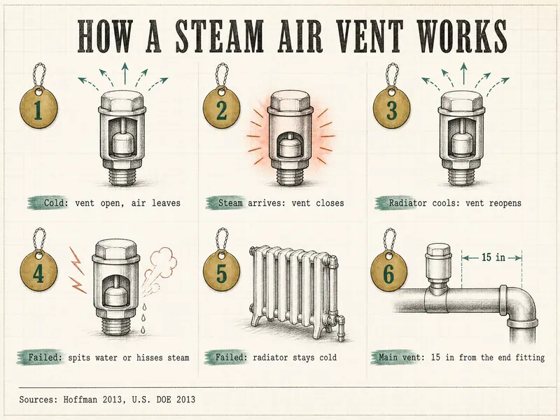 Graphite-line chart titled How a steam air vent works, brass tags numbered 1 to 6: 1 Cold: vent open, air leaves; 2 Steam arrives: vent closes; 3 Radiator cools: vent reopens; 4 Failed: spits water or hisses steam; 5 Failed: radiator stays cold; 6 Main vent: 15 in from the end fitting. Sources: Hoffman 2013, U.S. DOE 2013.