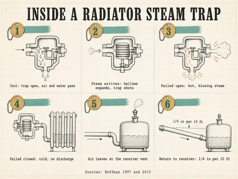 Pattern-shop sheet titled Inside a radiator steam trap with brass tags 1 to 6: 1 Cool: trap open, air and water pass; 2 Steam arrives: bellows expands, trap shuts; 3 Failed open: hot, blowing steam; 4 Failed closed: cold, no discharge; 5 Air leaves at the receiver vent; 6 Return to receiver: 1/4 in per 10 ft. Sources: Hoffman 1997 and 2013.