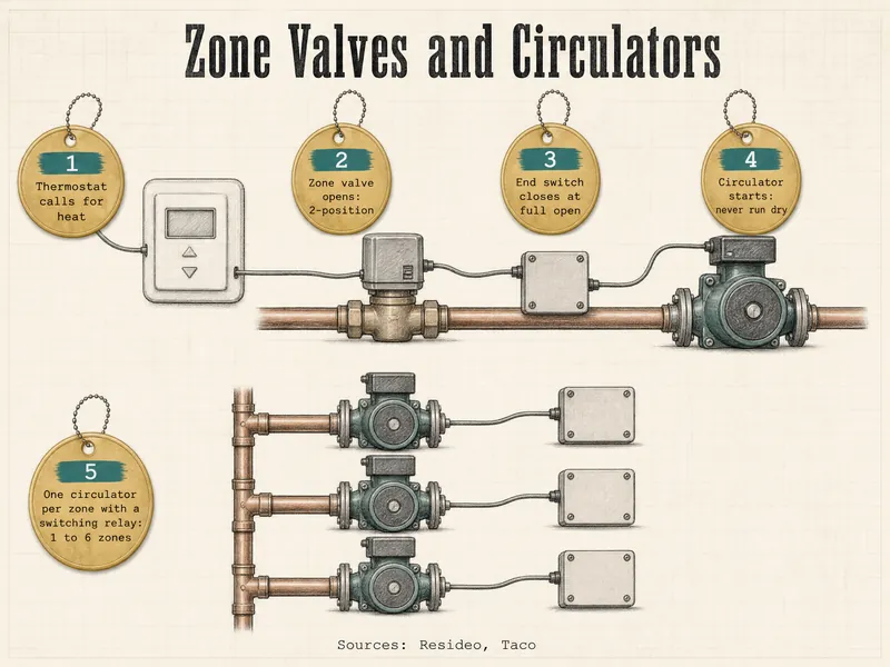 Pattern-shop drawing titled Zone Valves and Circulators with five numbered brass tags: 1 thermostat calls for heat; 2 zone valve opens, 2-position; 3 end switch closes at full open; 4 circulator starts, never run dry; 5 one circulator per zone with a switching relay, 1 to 6 zones; top row shows a thermostat wired to a zone valve, an end-switch box and a circulator, bottom row shows three circulators on branch pipes each wired to its own box; source line Resideo, Taco
